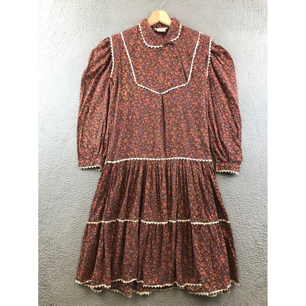 Vintage 70s HeartBeat Floral Dress Long Sleeve Lace Tiered Cottagecore Prairie S